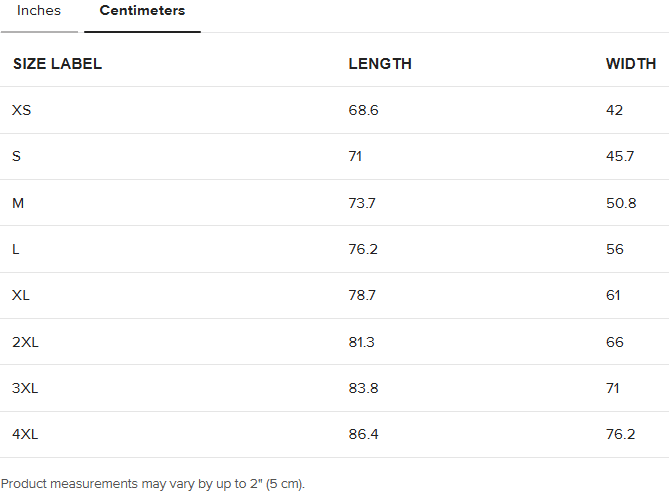 Sizing chart for Flora Marie using centimeters with sizing from xs-4xl