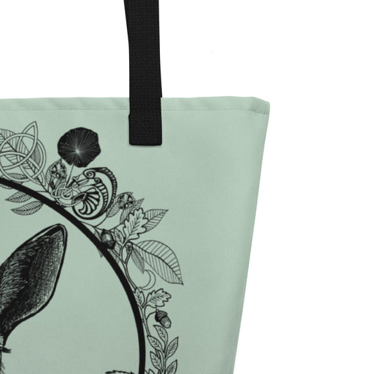 Close-up of Secret of Lir and Eilit tote bag showing intricate hand-drawn deer, dragon, and tree of life illustration by Brittyliz Art