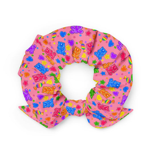 Candy Shop recycled scrunchie with original hand-drawn candy and sweets art by Brittyliz, shown flat