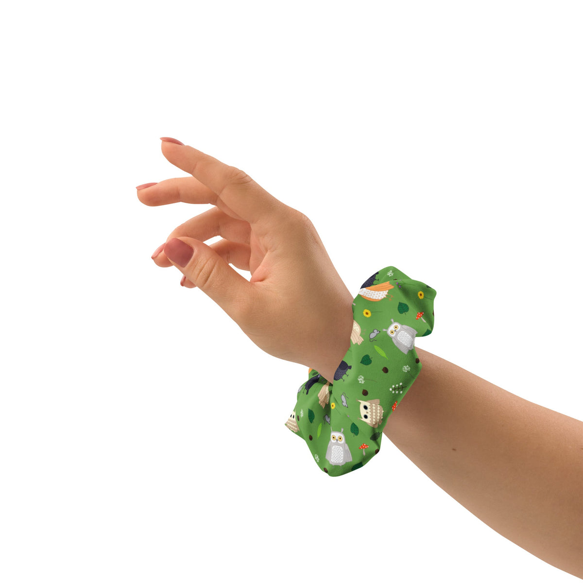 Owl Party recycled scrunchie worn in hair, featuring whimsical hand-drawn owl design by Brittyliz Art