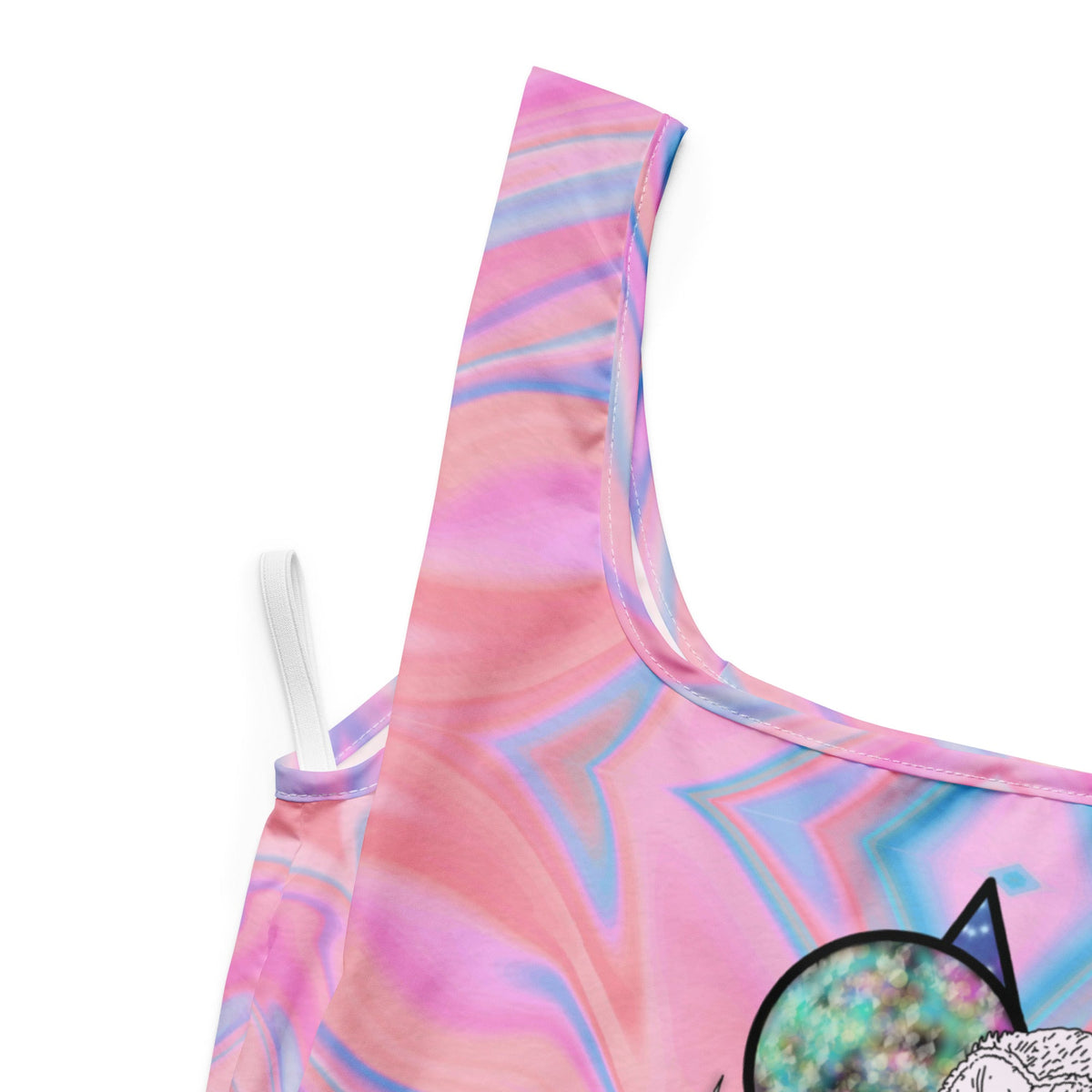 Close up view of Mystical Owl Shopping Bag with hand-drawn white barn owl on pink and blue swirl all-over print by Brittyliz Art