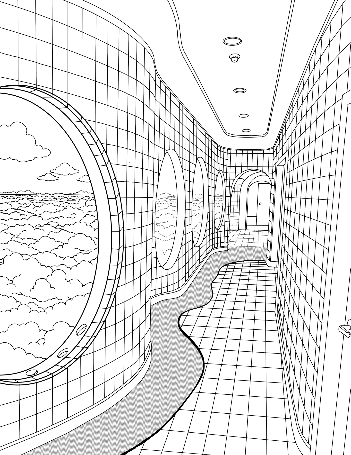 Black and white line art illustration of a futuristic corridor with tiled walls, multiple oval porthole windows showing clouds and ocean, and a winding pathway along the floor.
