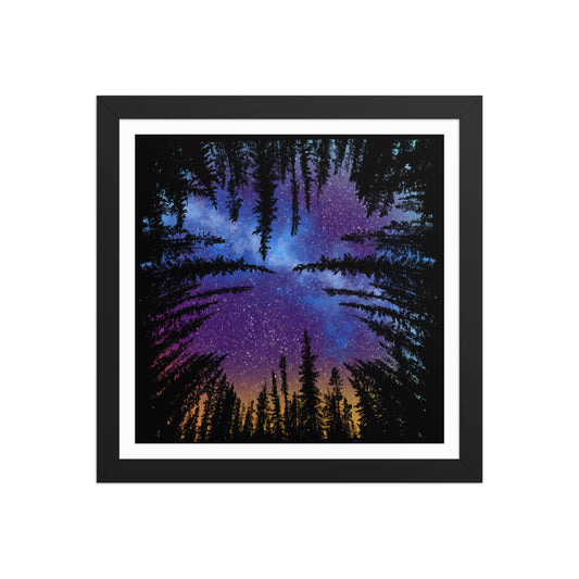Forest Nebula framed wall art poster with original hand-drawn night sky and forest illustration by Brittyliz, ready to hang
