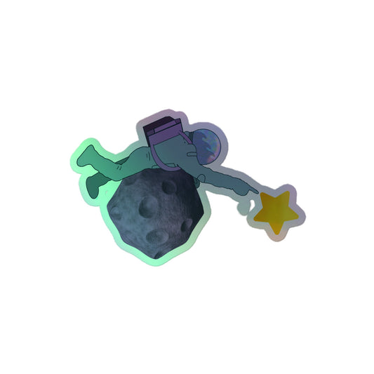 Reach for the Stars holographic vinyl sticker with original hand-drawn space and asteroid art by Brittyliz, showing rainbow shimmer finish