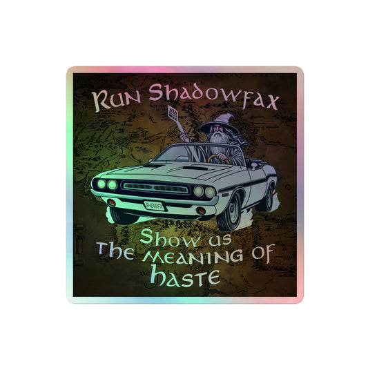 Make Haste! holographic vinyl sticker with original hand-drawn fantasy wizard and classic car art by Brittyliz, showing rainbow shimmer finish