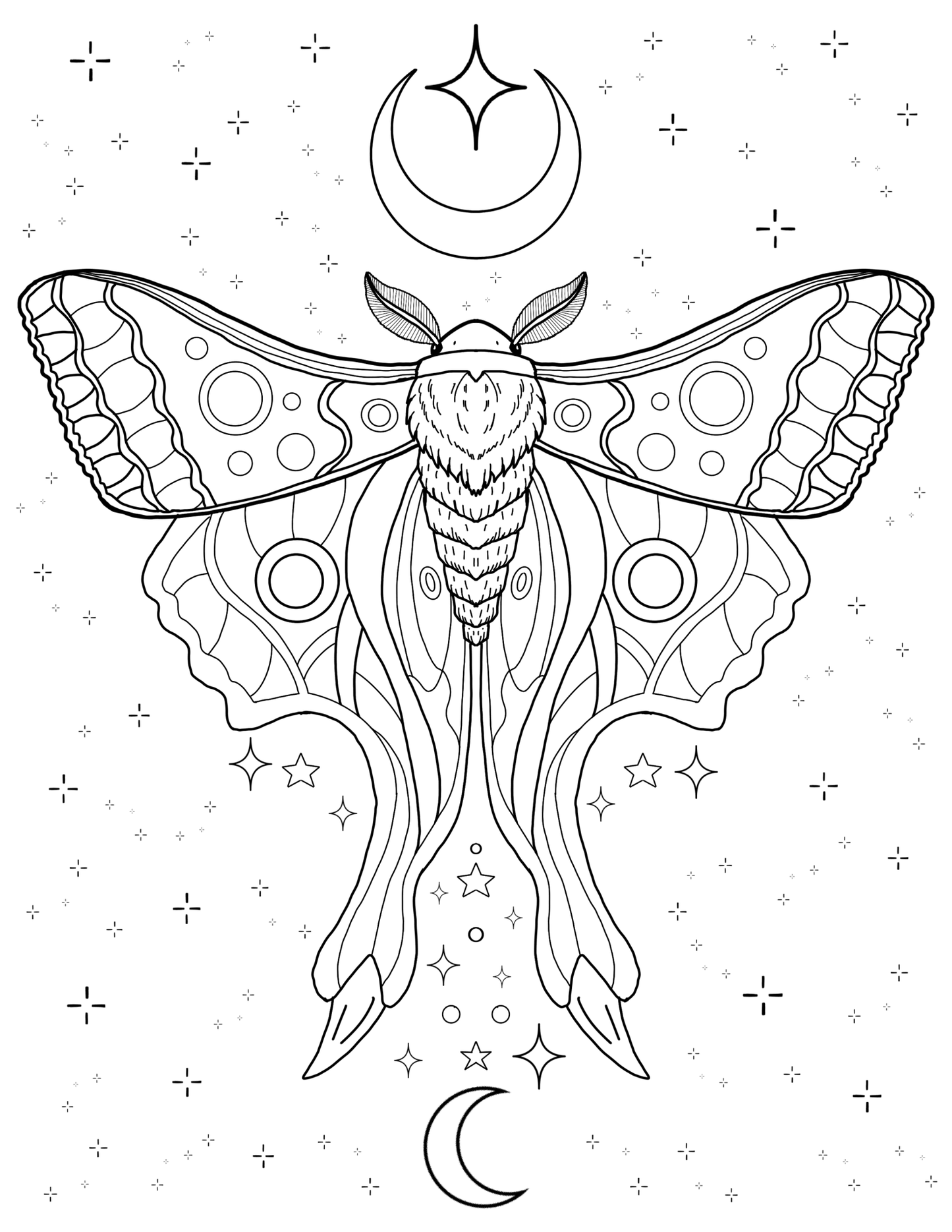 Luna mystical moth coloring page with crescent moons, stars, and celestial wings - printable digital download art.