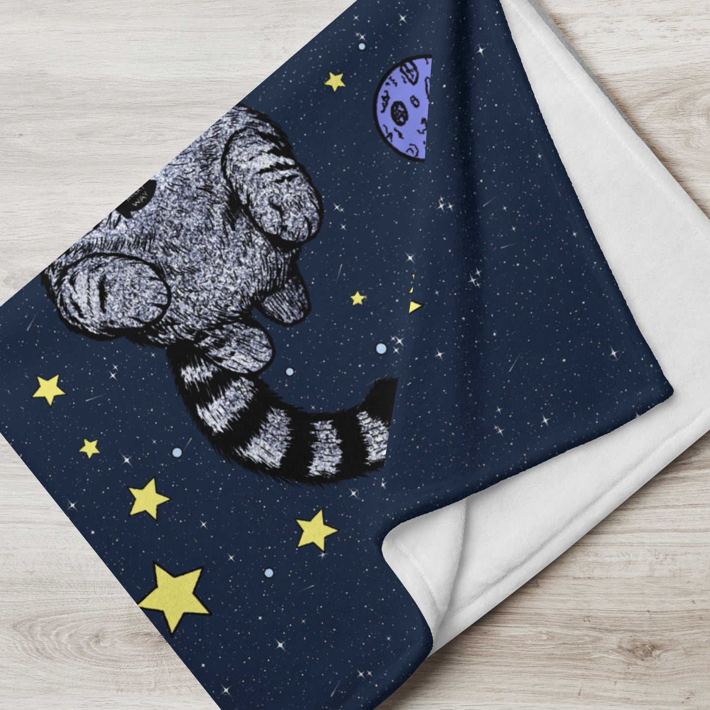 Close-up of hand-drawn space cat body and striped tail on Milky Way Kitty throw blanket