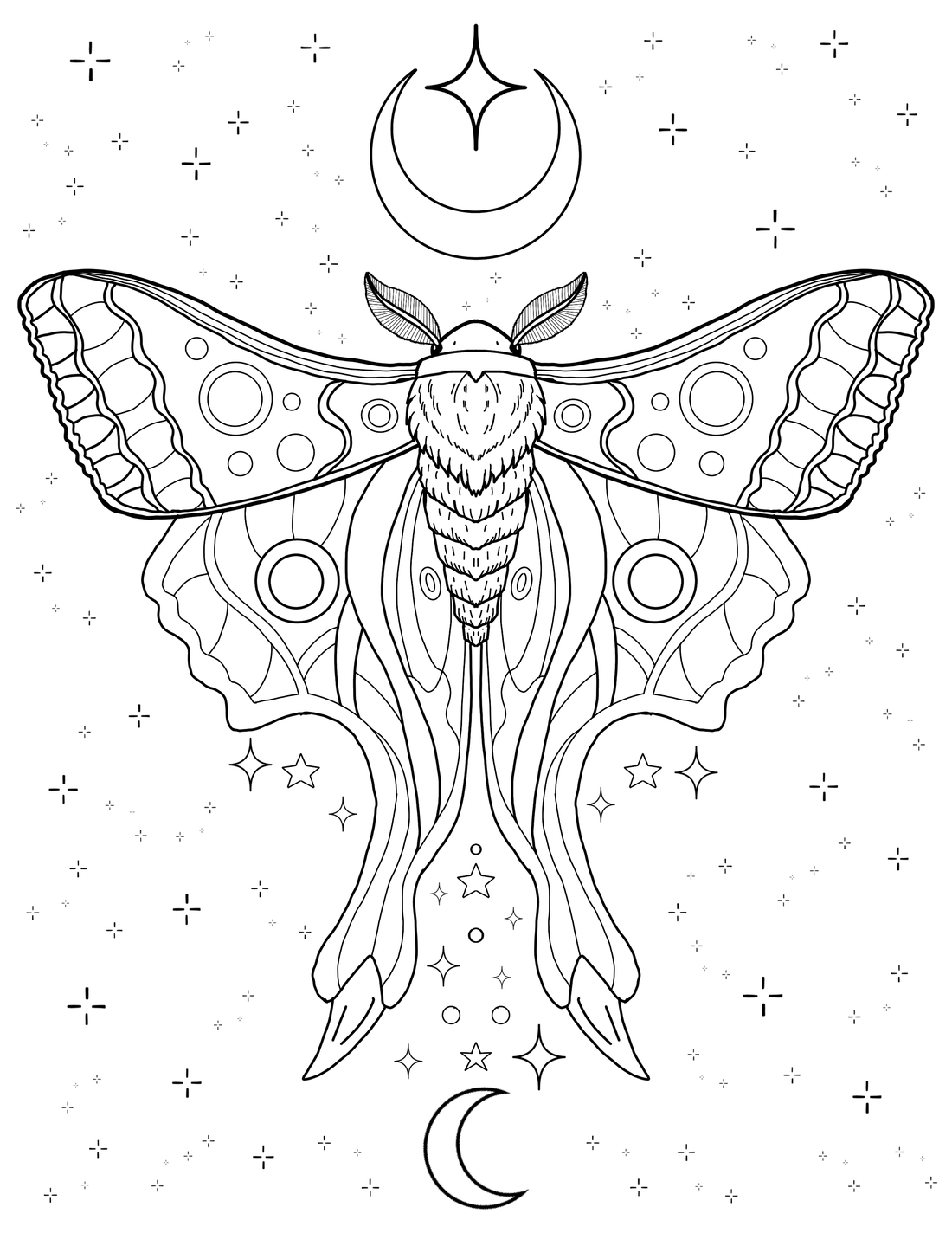 Luna mystical moth coloring page with crescent moons, stars, and celestial wings - printable digital download art.