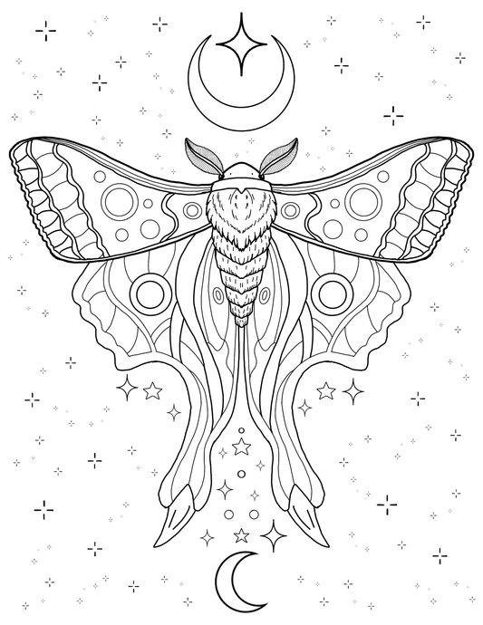 Luna mystical moth coloring page with crescent moons, stars, and celestial wings - printable digital download art.