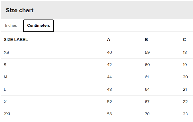 A size chart table showing measurements in centimeters for sizes XS through 2XL, with columns labeled A, B, and C.