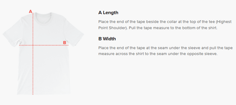 Instruction graphic showing a white T-shirt with red measurement lines and labels A and B, alongside text explaining how to measure collar-to-hem length and sleeve-to-sleeve width.