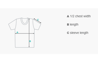 A simple size diagram of a short-sleeve T-shirt on a light gray background, with arrows labeling chest width as A, full length as B, and sleeve length as C. Text on the right reads: A 1/2 chest width, B length, C sleeve length.