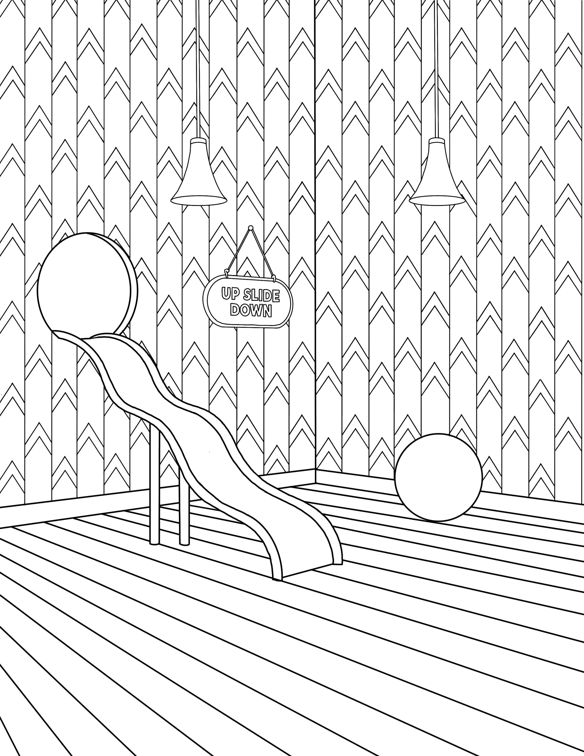 Black and white line art illustration of a children's playroom scene with a slide, two balls, hanging lamps, patterned wallpaper, and a sign reading 'UP SLIDE DOWN'.
