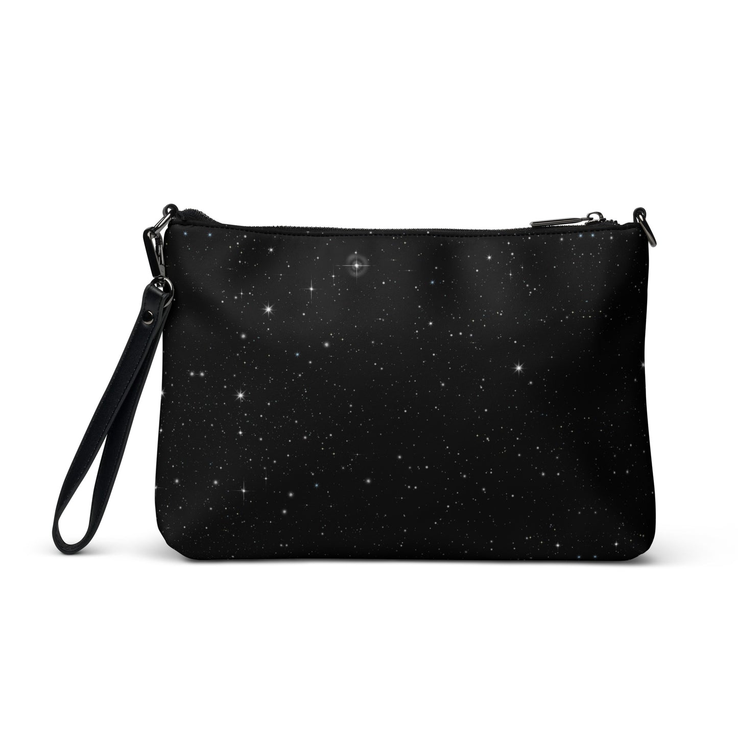 Cosmic Rainbow Drift Crossbody Bag in black - hand-drawn swirling rainbow art on a starry galaxy background, faux leather with wrist strap, back view.