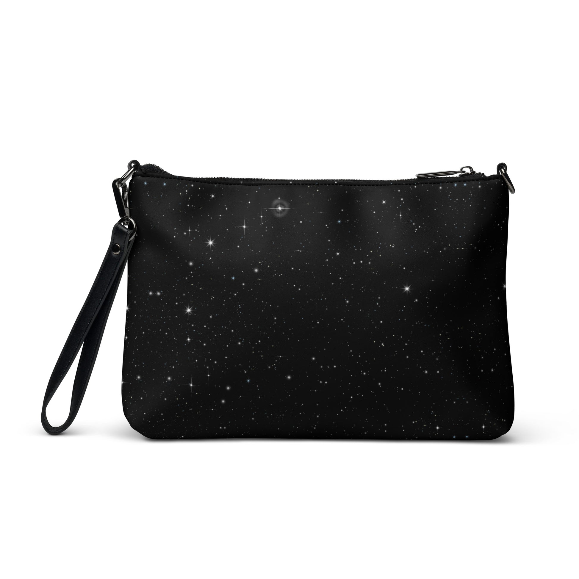 Cosmic Rainbow Drift Crossbody Bag in black - hand-drawn swirling rainbow art on a starry galaxy background, faux leather with wrist strap, back view.