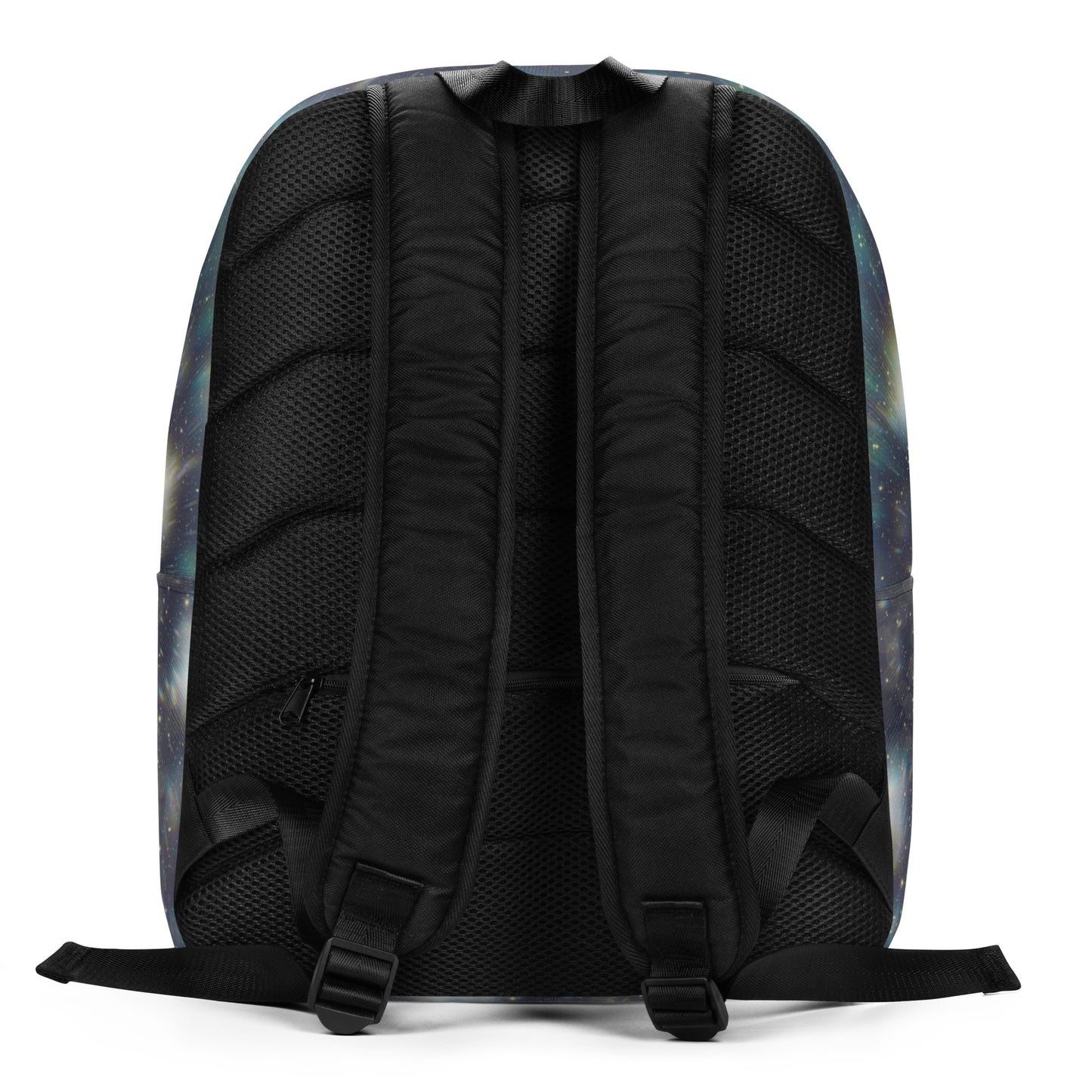 The back view of a backpack featuring a black mesh and padded backrest with a subtle blue and purple galaxy print on the outer sides, shown on a white background.