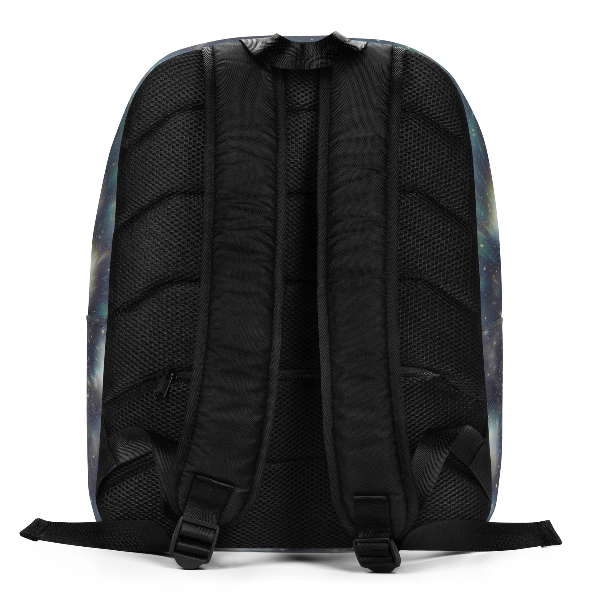 The back view of a backpack featuring a black mesh and padded backrest with a subtle blue and purple galaxy print on the outer sides, shown on a white background.