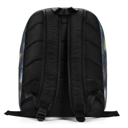 The back view of a backpack featuring a black mesh and padded backrest with a subtle blue and purple galaxy print on the outer sides, shown on a white background.