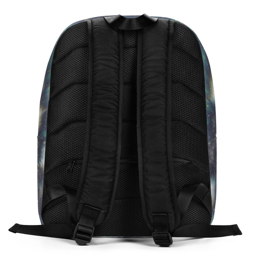 The back view of a backpack featuring a black mesh and padded backrest with a subtle blue and purple galaxy print on the outer sides, shown on a white background.