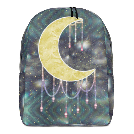 Druzy Moon Minimalist Backpack front view – hand-drawn crescent moon with jewel chains on a dark starry background, by Brittyliz Art