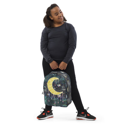 Person wearing Druzy Moon Minimalist Backpack from the front, showing full size and fit