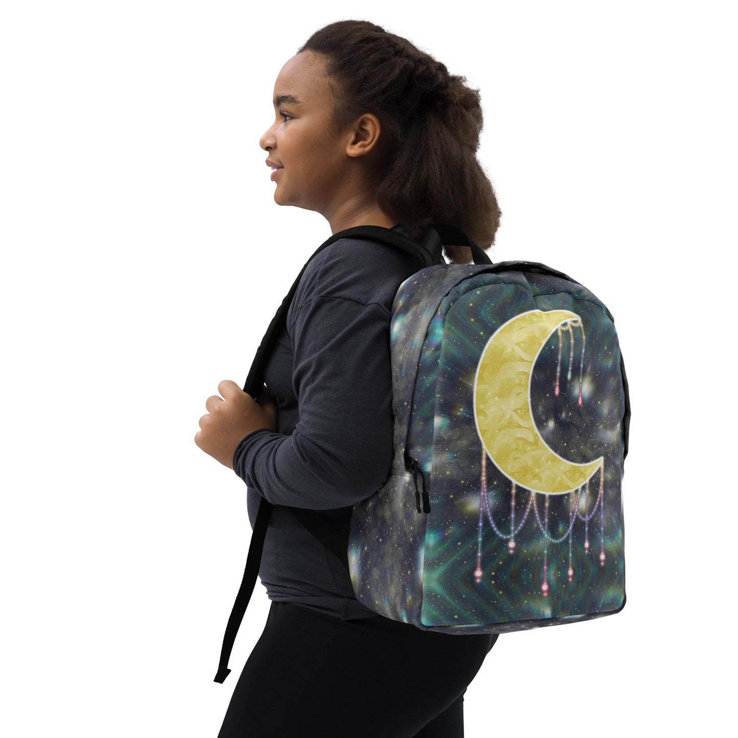 Person wearing Druzy Moon Minimalist Backpack from the side, showing crescent moon print and strap fit