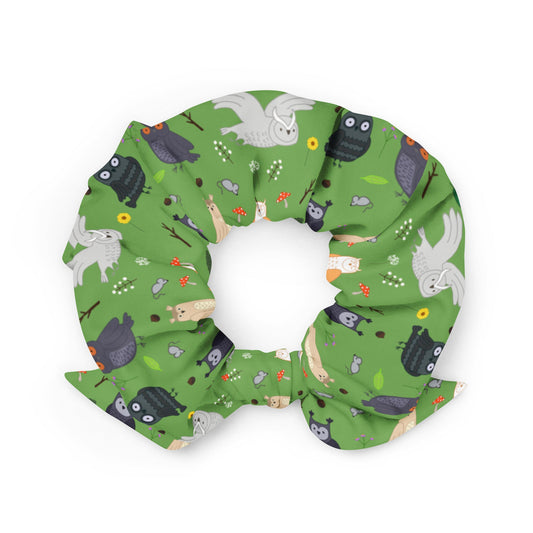 Close-up of Owl Party recycled scrunchie showing colorful hand-drawn owl, mushroom, and forest illustration by Brittyliz