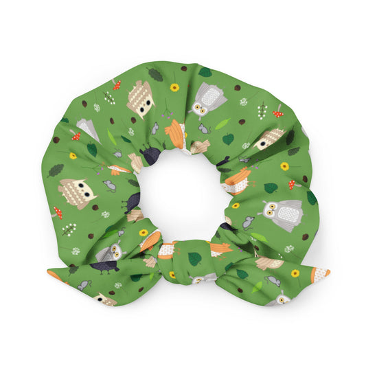 Owl Party recycled scrunchie with original hand-drawn owl and forest art by Brittyliz, shown flat