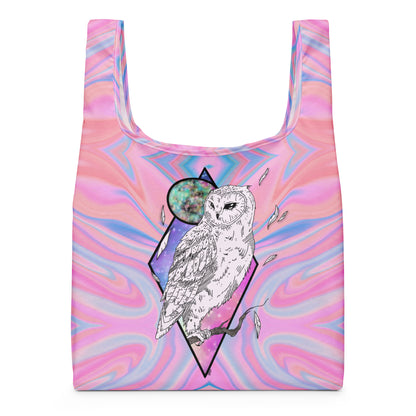 Back view of Mystical Owl Shopping Bag with hand-drawn white barn owl on pink and blue swirl all-over print by Brittyliz Art