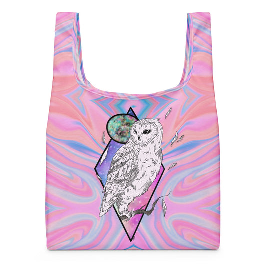 Front view of Mystical Owl Shopping Bag with hand-drawn white barn owl on pink and blue swirl all-over print by Brittyliz Art