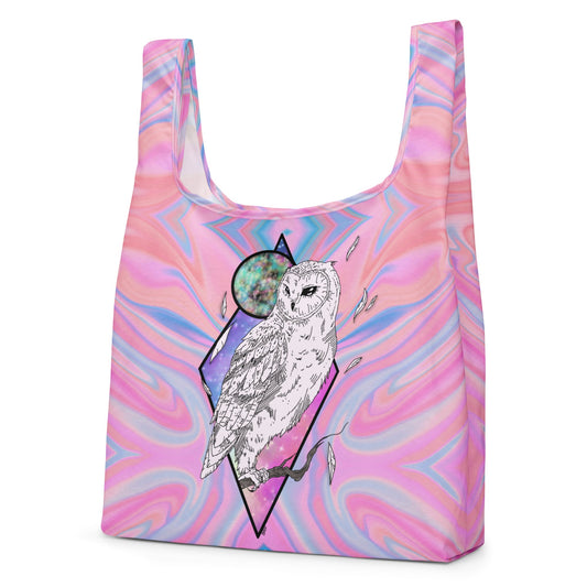 Front view of Mystical Owl Shopping Bag with hand-drawn white barn owl on pink and blue swirl all-over print by Brittyliz Art