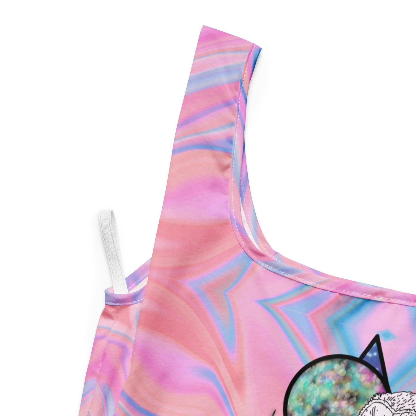 Close up view of Mystical Owl Shopping Bag with hand-drawn white barn owl on pink and blue swirl all-over print by Brittyliz Art