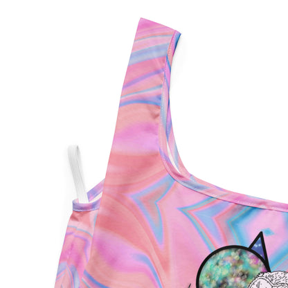 Close up view of Mystical Owl Shopping Bag with hand-drawn white barn owl on pink and blue swirl all-over print by Brittyliz Art