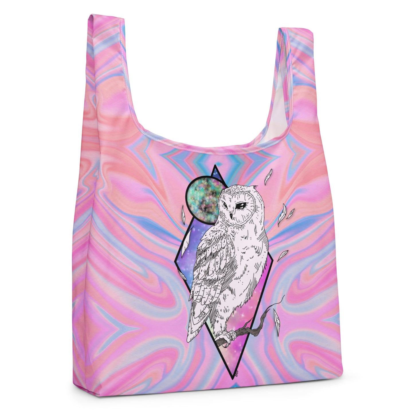 Front view of Mystical Owl Shopping Bag with hand-drawn white barn owl on pink and blue swirl all-over print by Brittyliz Art