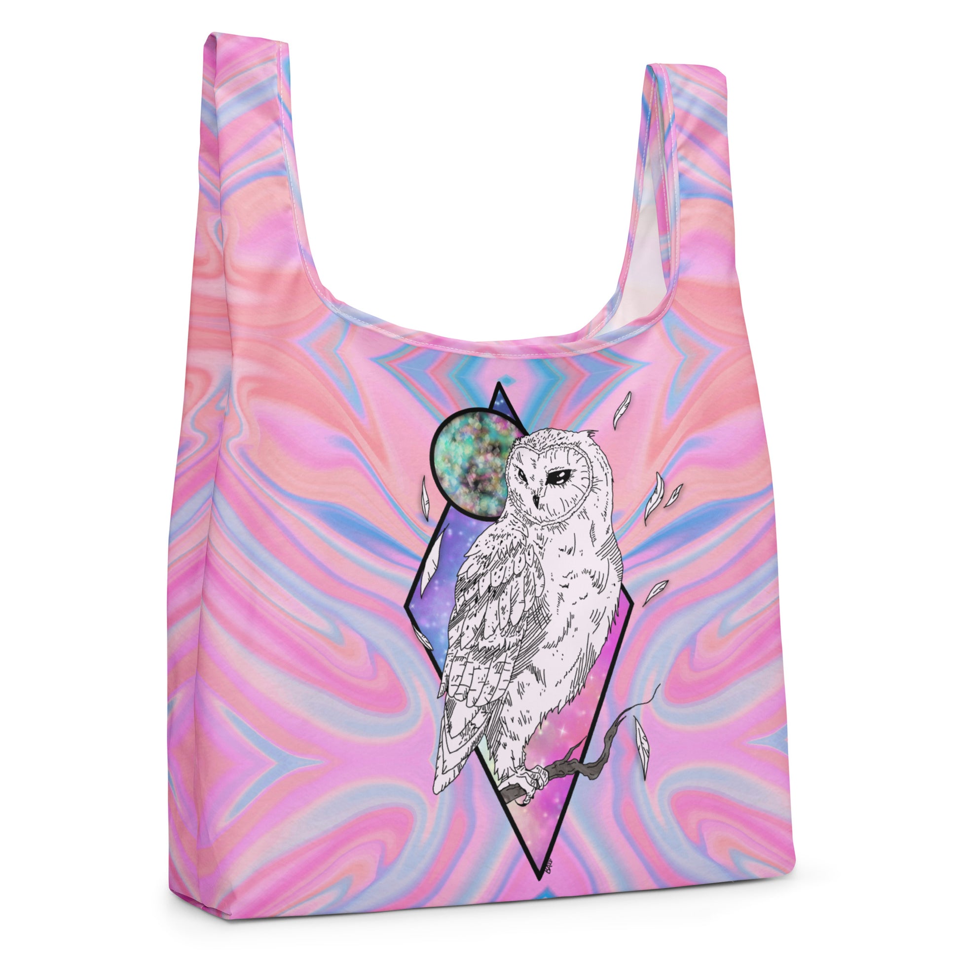 Front view of Mystical Owl Shopping Bag with hand-drawn white barn owl on pink and blue swirl all-over print by Brittyliz Art