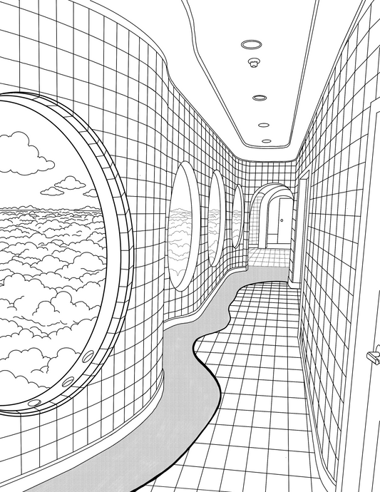 Black and white line art illustration of a futuristic corridor with tiled walls, multiple oval porthole windows showing clouds and ocean, and a winding pathway along the floor.