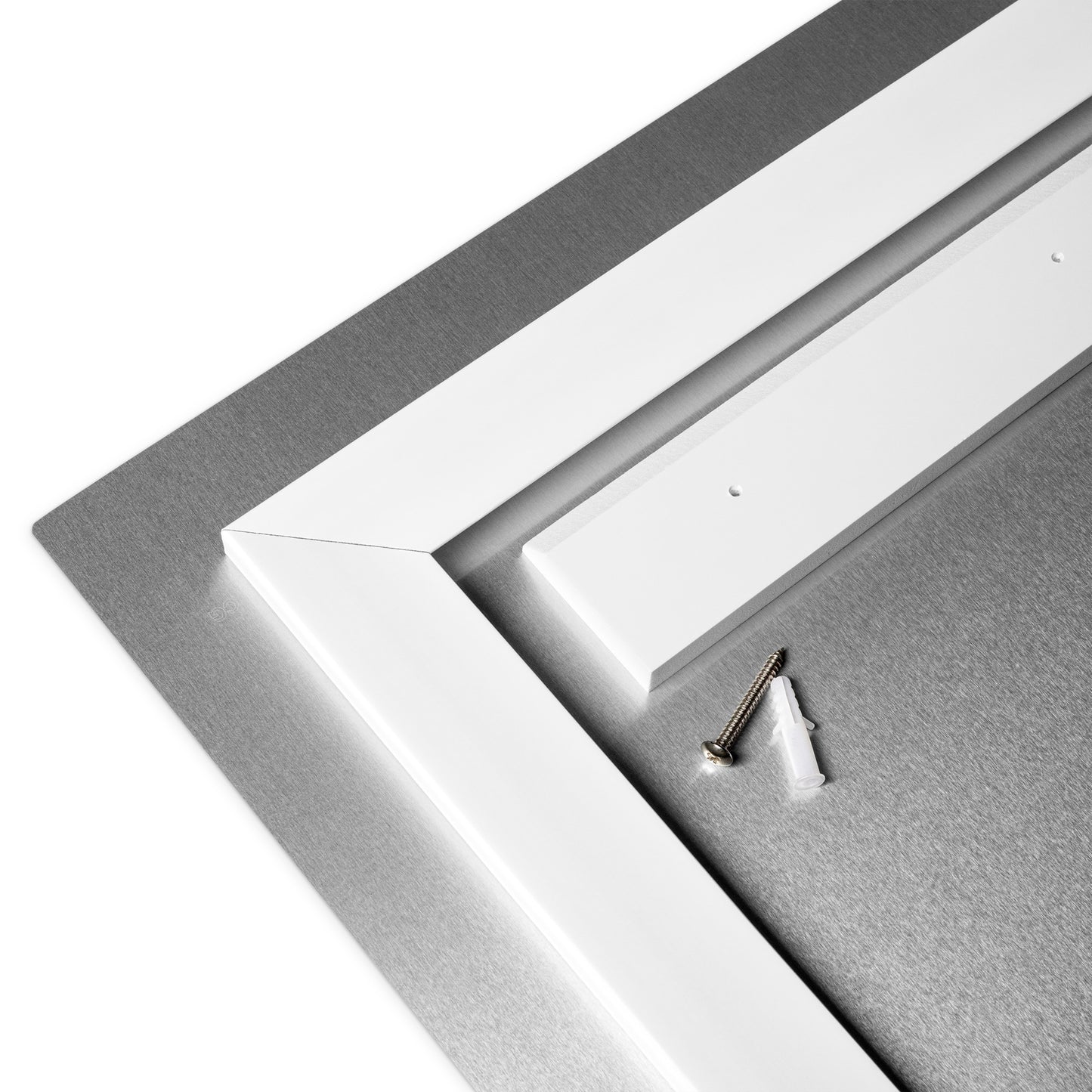 Close-up of a white frame with a gray mat on a white background
