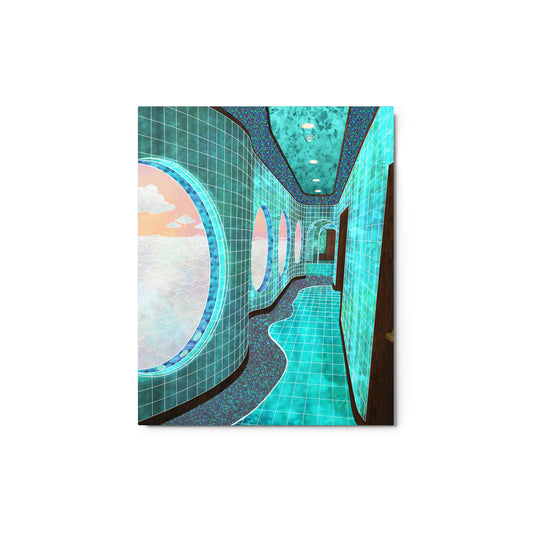 A vertical canvas art print depicting a futuristic tiled hallway with circular windows looking out onto a pastel sky, shown against a plain white background.