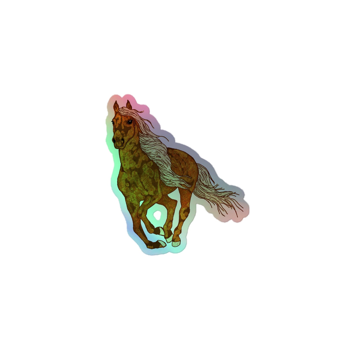Ember the Palomino 3x3 holographic kiss-cut sticker with original hand-drawn palomino horse art by Brittyliz, showing rainbow shimmer finish