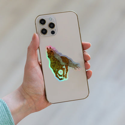 Ember the Palomino 3x3 holographic kiss-cut sticker with original hand-drawn palomino horse art by Brittyliz, showing rainbow shimmer finish