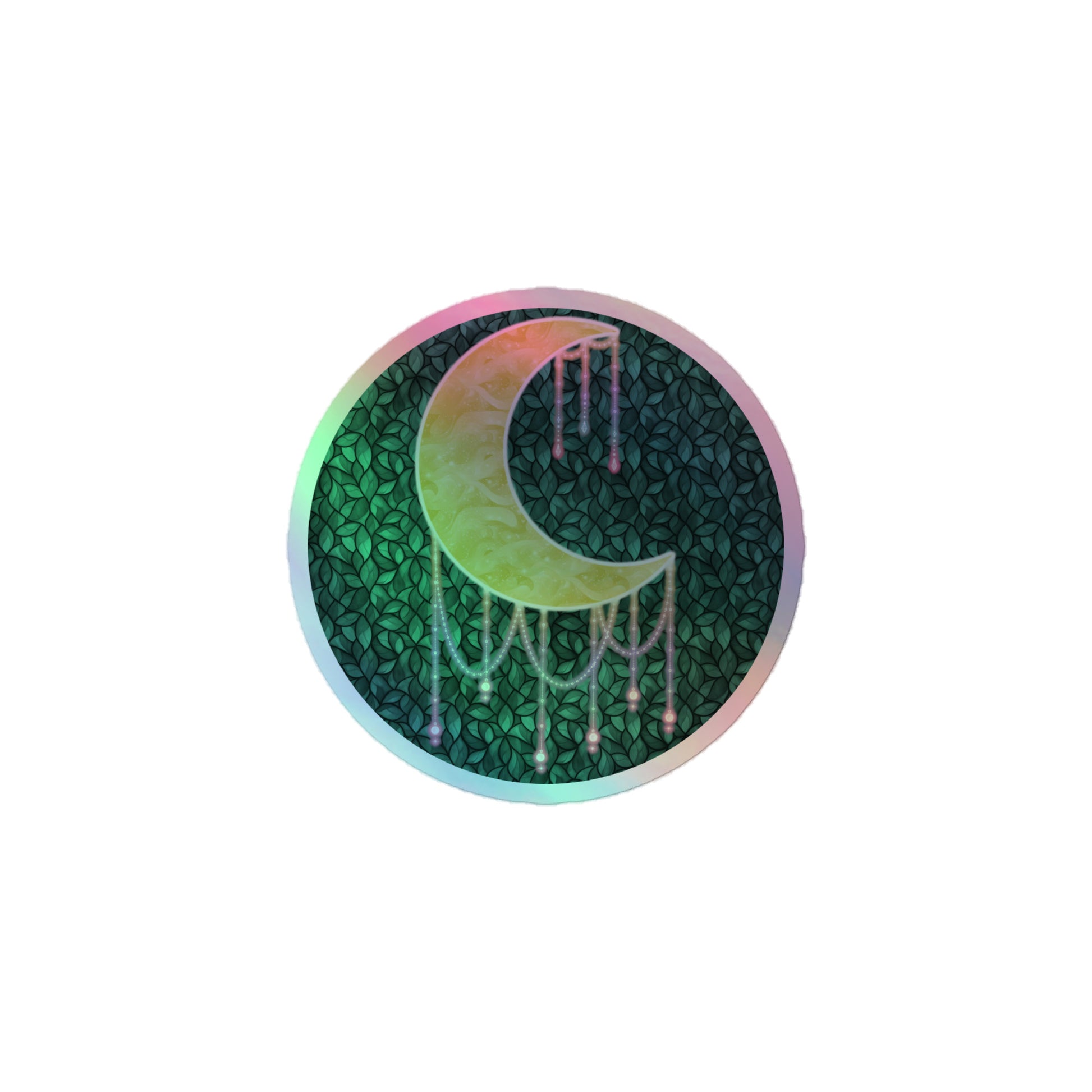 Druzy Moon holographic sticker 3x3 inch – hand-drawn crescent moon with jewel drips on a dark leafy background, rainbow holographic border, by Brittyliz Art