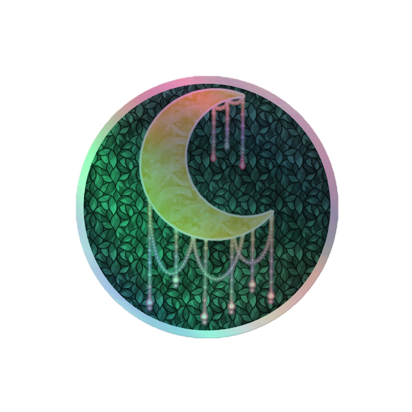 Druzy Moon holographic sticker 4x4 inch – hand-drawn crescent moon with jewel drips on a dark leafy background, rainbow holographic border, by Brittyliz Art
