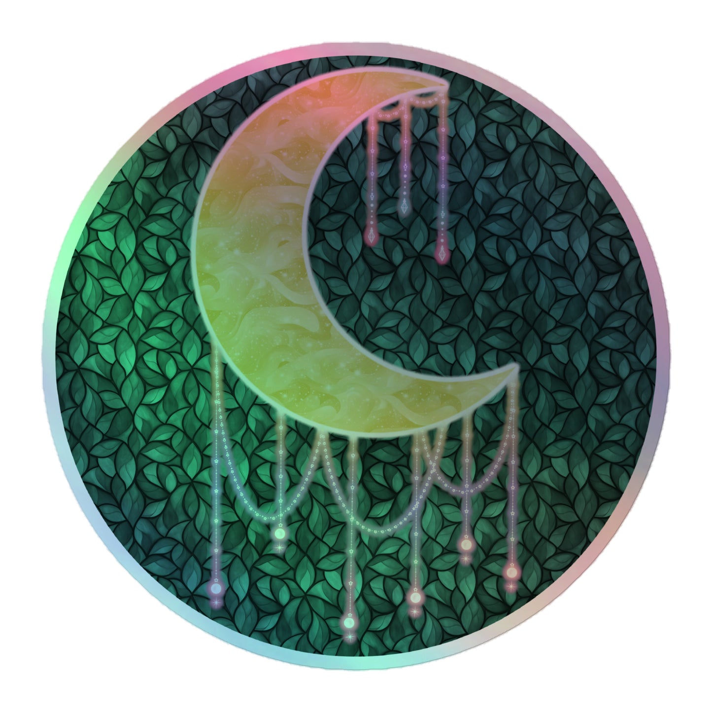 Druzy Moon holographic sticker 5.5x5.5 inch – hand-drawn crescent moon with jewel drips on a dark leafy background, rainbow holographic border, by Brittyliz Art
