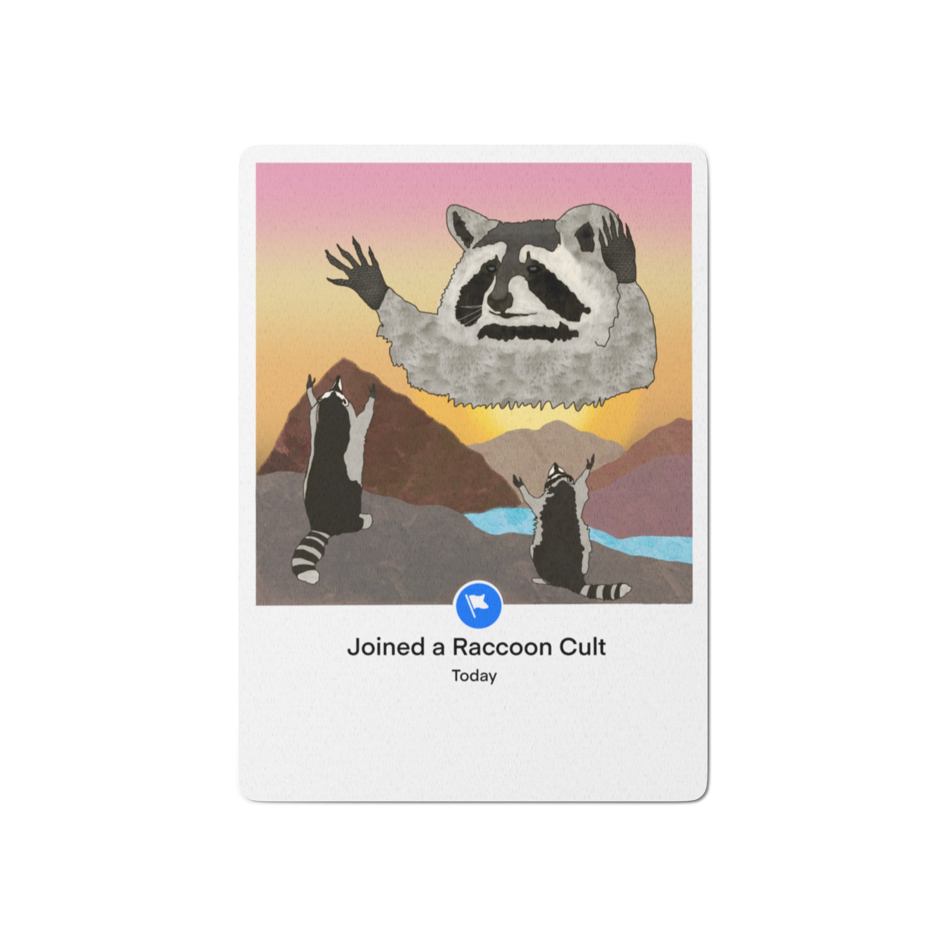 Hand-drawn raccoon meme poker card featuring giant raccoon cult leader at sunset - original art by Brittyliz
