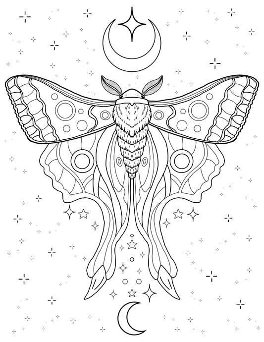 Luna mystical moth coloring page with crescent moons, stars, and celestial wings - printable digital download art.