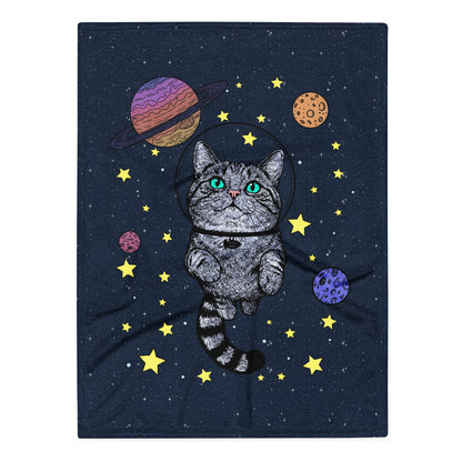 Hand-drawn space cat astronaut floating among planets and stars - Milky Way Kitty throw blanket