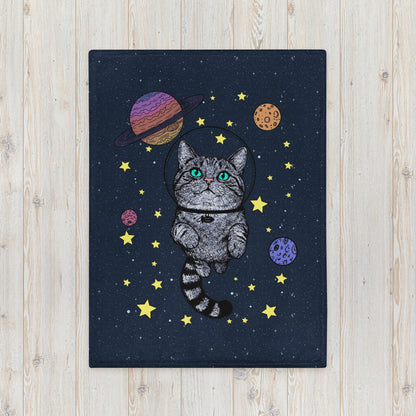 Hand-drawn space cat astronaut floating among planets and stars - Milky Way Kitty throw blanket