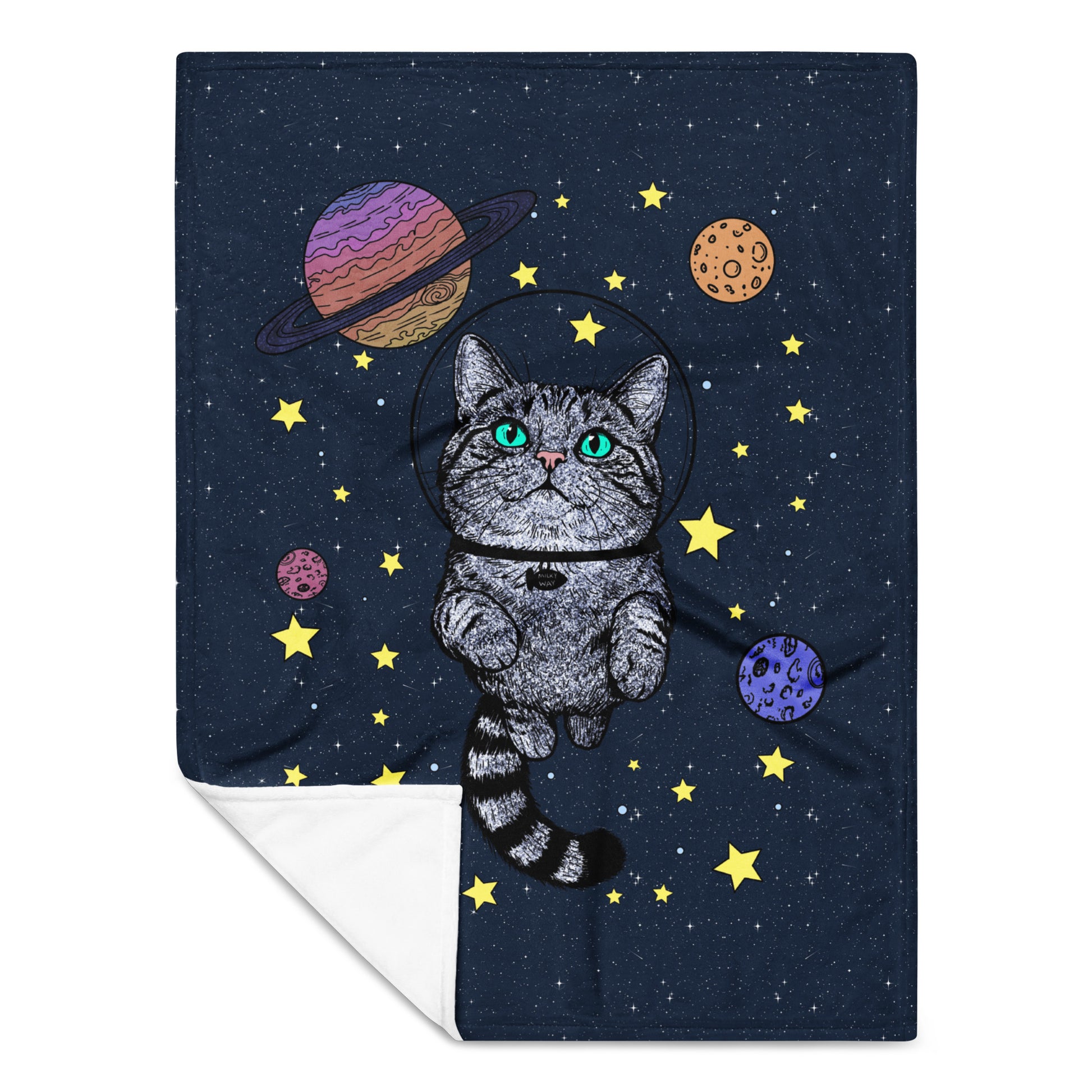 Milky Way Kitty space cat astronaut throw blanket - full front view with white reverse side