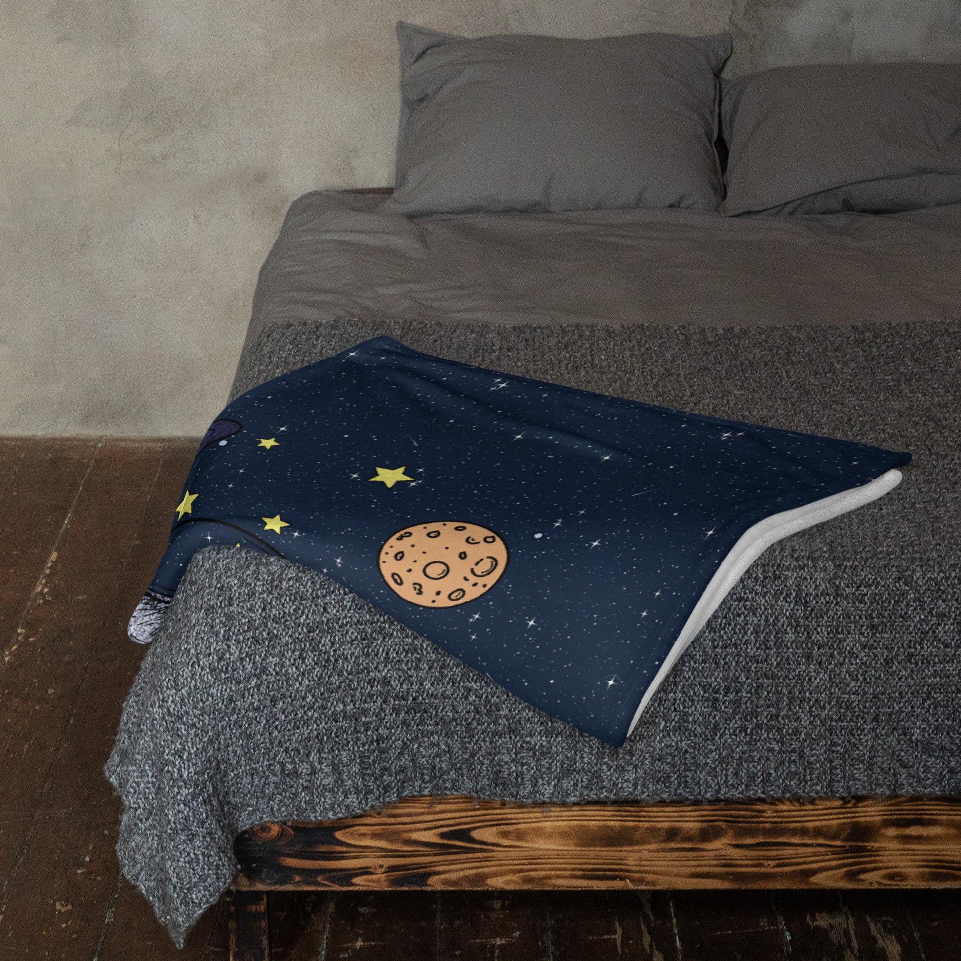 Milky Way Kitty space cat throw blanket draped over bed - galaxy art home decor