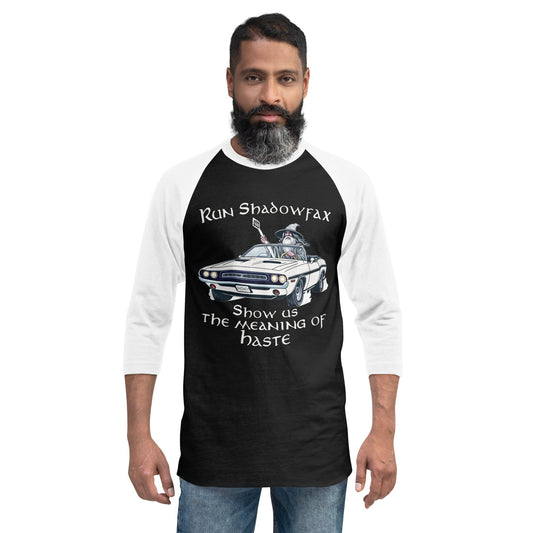 Model wearing Make Haste! raglan tee featuring whimsical hand-drawn wizard and classic car design by Brittyliz Art